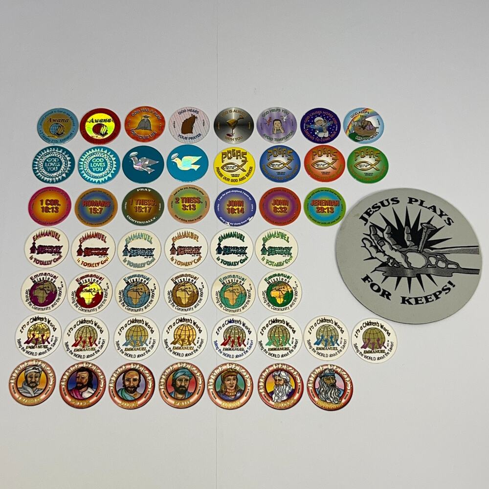 Vintage 90s Lot of 51 Christian Milk Caps Pieces Pogs Playing Mat Jesus Bible